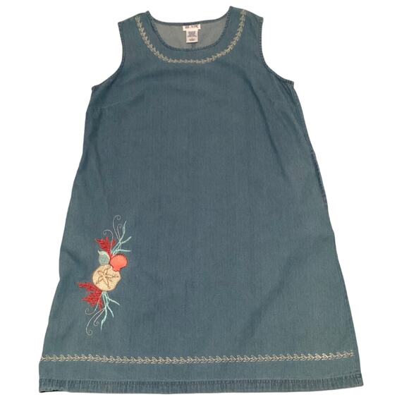 BLAIR Womens Dress Large 100% Cotton Denim Jumper Sleeveless Pockets Embroidery - Picture 1 of 10